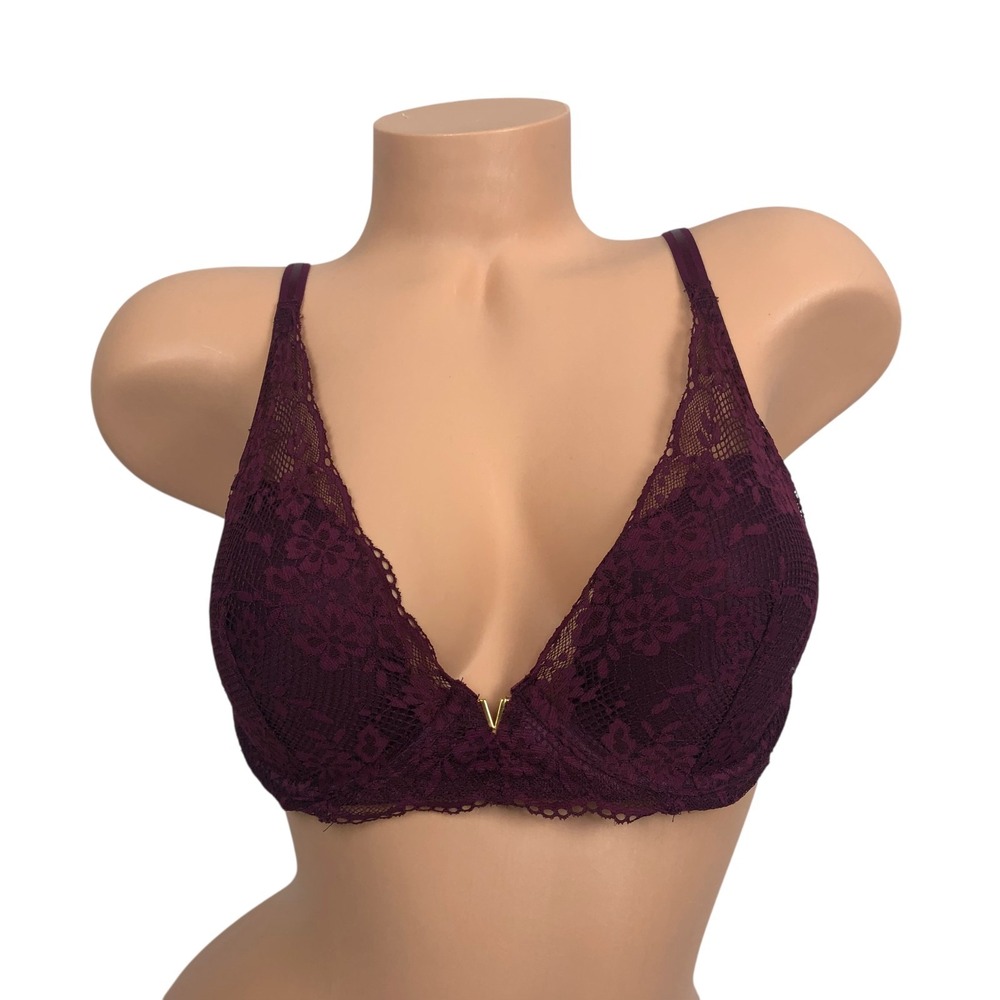 Victorias Secret Plunge Bra Size 32DD Lace Lightly Lined Underwire Wine Red‎